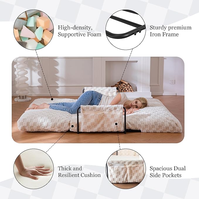 YOSHOOT Adjustable Lazy Floor Sofa 5-Position Foldable Sleeper Chair with Armrest for Reading Gaming - Convertible Bean Bag Sofa Bed Couch