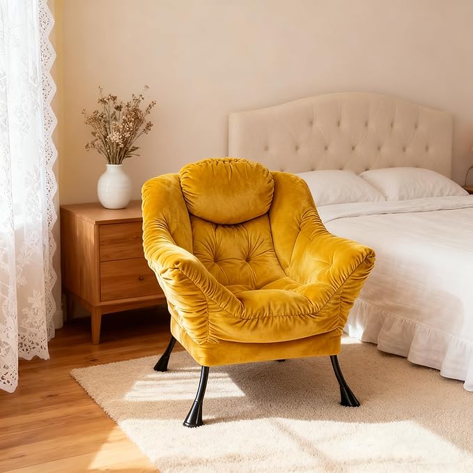 HollyHOME Lazy Chair with Armrest and Side Pocket Comfy Accent Lounge ChairLeisure Sofa Armchair for Living Room Bedroom Dorm or Small Spaces Oversized Reading Sofa ChairVelvet Yellow
