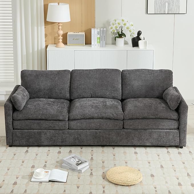 89 Oversized Cozy Upholstered 3-Seater Sofa Comfy Cloud Sofa with Detachable Lumbar Pillow Chenille Fabric Cloud Sofa Double Cushion Couch for Living Room (Grey-3c)