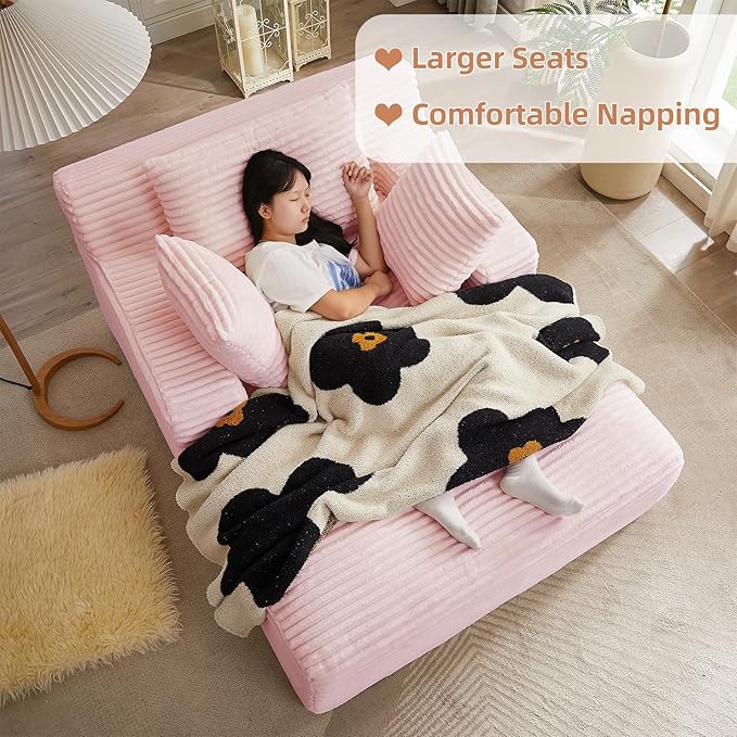 Oversized Chaise Lounge Chair Indoor Bedroom Comfy Corduroy Upholstered Sofa Bed Chair Deep Seat Single Sofa Couch No Assembly Required Sleeper Chair Sofa for Living Room (Light Pink)