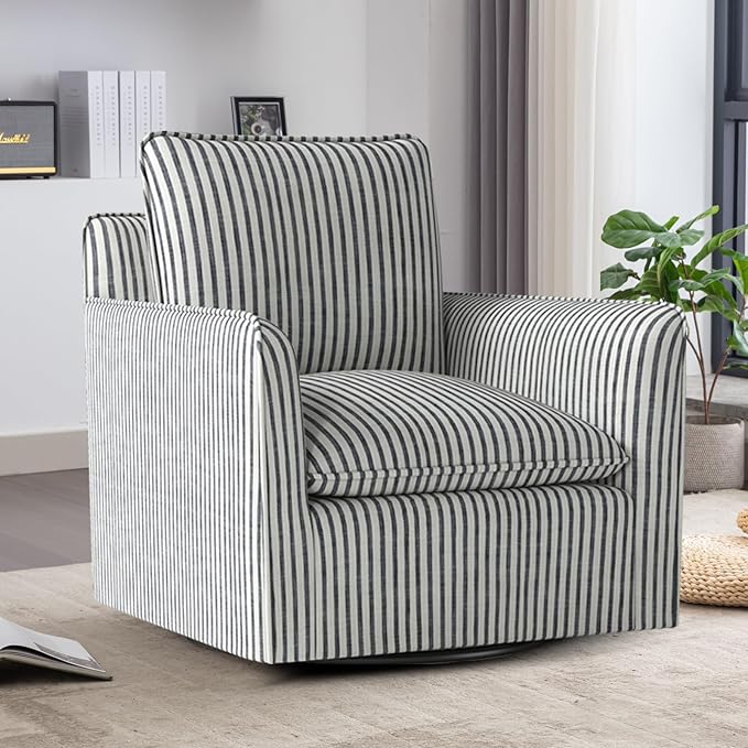 Bonzy Home 34 Swivel Accent ChairWide Upholstered Square Armchair with Thick Padded Backrest Cushion Swivel Reading Chair for Living Room Bedroom Small Spaces Blue Stripe