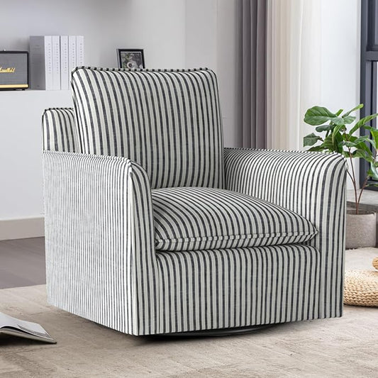 Bonzy Home 34 Swivel Accent ChairWide Upholstered Square Armchair with Thick Padded Backrest Cushion Swivel Reading Chair for Living Room Bedroom Small Spaces Blue Stripe