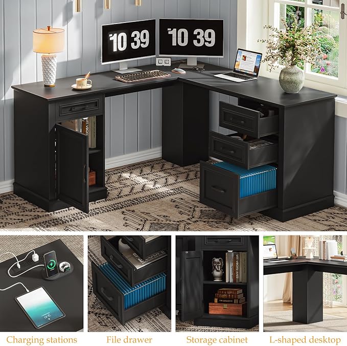 Vabches Farmhouse 59 L-Shaped Executive Desk with Drawers Wood Home Office Corner Desk with Charging Station File Drawer Storage Cabinet Rustic Computer Writing Desk for Home Office(Black