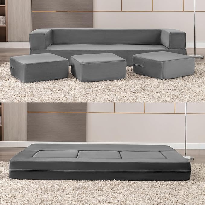 PUREMIND Velvet Folding Sofa Bed Upholstered Floor Sofa Bed with 3 Ottomans Fold Out Couch Bed with High-Density Foam Convertible 2-in-1 Foldable Sleeper Sofa for Guest Bedroom Living Room