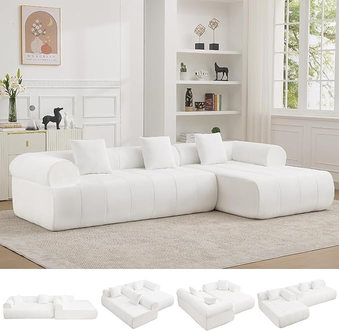 119'' Curved Boneless Sofa Couch 3 Seat Cloud L Shaped Deep Seat Couches for Living Room No Assembly Modular Sofa with Right Chaise Lounge White