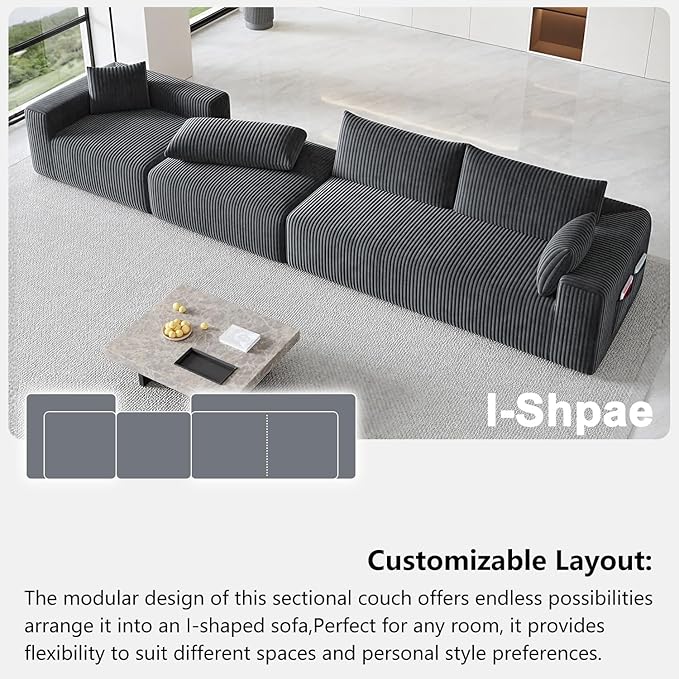 108 Cloud Couch Modular Sectional Sofa for Living RoomL Shaped Boneless Couch with Deep Seat ChaiseNo Assembly Required Foam Sleeper Sofa for ApartmentsPlush Corduroy Fabric Dark Gray