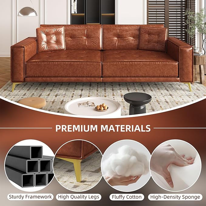 92.1'' King Pull Out Sofa Bed Convertible Futon Couch 3-in-1 Faux Leather Sleeper Sofa with Tufted Back 2 Pillows Gold Legs Deep Folding Loveseat for Living Room Apartment Light Brown