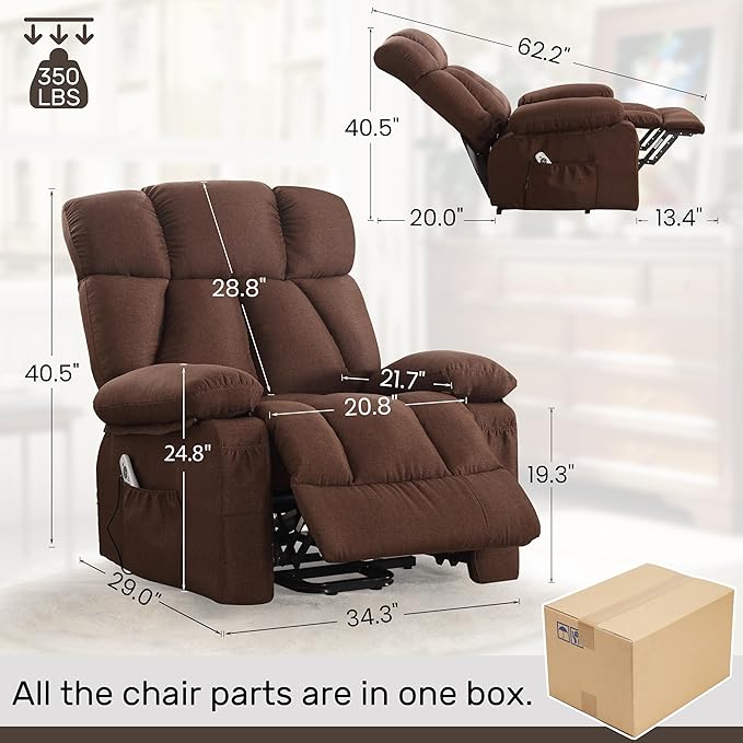 Power Lift Recliner Chair for Elderly Big and Tall Lift Chair with Massage and Heat for Living Room Fabric Electric Recliner Chairs with 4 Side Pockets USB Charge PortBrown