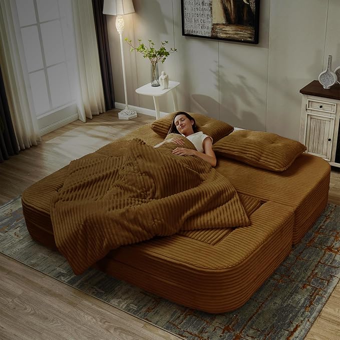 Convertible Sectional Folding Sofa Bed 80 Futon Floor Couch with Accent Chaise Modular Sleeper Loveseat Boneless Cloud Corduroy Couches for Living Room Guest Room No Assembly Required Camel