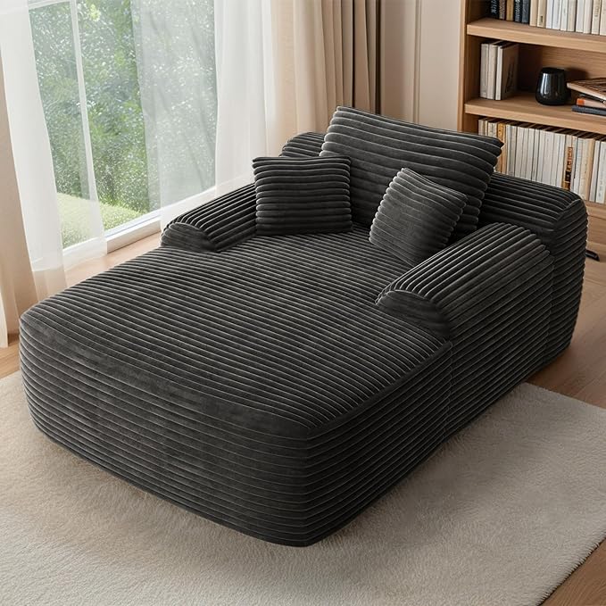 65'' Chaise Lounge Chair Indoor Grey Plush Corduroy Cloud Couch Fluffy Oversized Sofa Bed for Bedroom Living Room Comfy Boneless Reading Longue Chair Sleeper Sofa No Assembly