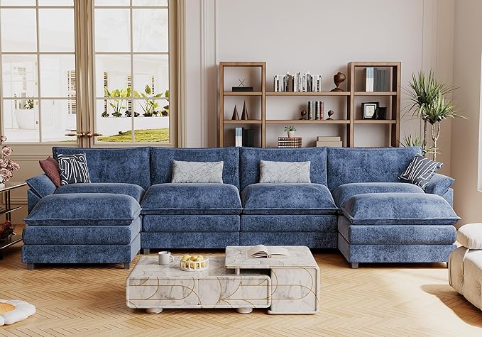 JUMMICO 159” Sectional Sofa Modern Deep 3-Seat Sofa Couch with Reversible Ottoman U-Shaped Chenille Fabric Modular Sofa Sleeper Comfy for Living Room/Bedroom/Apartment (Blue U Shaped Sofa)