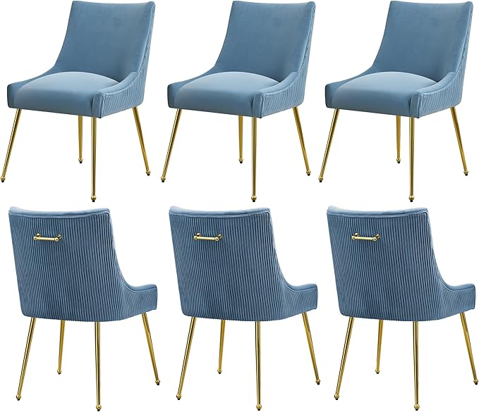 Velvet Dining Chairs Set of 6 Gold LegsUpholstered Velvet Accent Chairs Pleated Back Design &amp Gold Pull Handle Mid Century Modern Chairs for Dining/Kitchen/Living RoomLight Blue