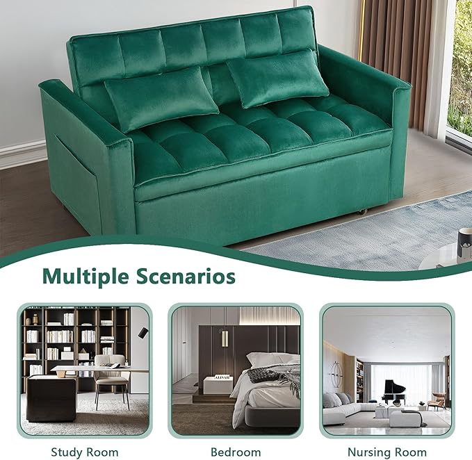 54 Convertible Sofa Bed Velvet Sleeper Sofa with Pull-Out Bed 3-in-1 Futon Couch with Reclining Backrest and Side Pocket Modern Loveseat for Living Room (Dark Green)