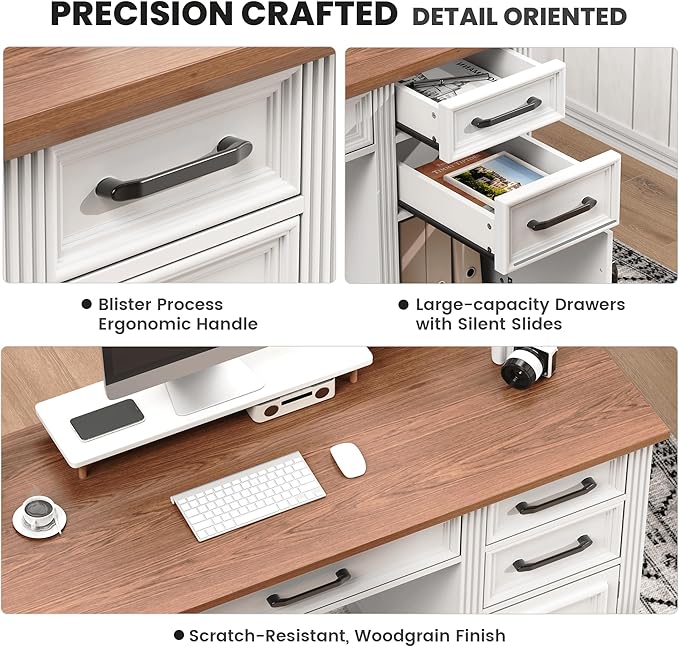 58 Farmhouse Executive Desk Wood Home Office Desk with Drawers Computer Desk with Drawers and Storage Cabinet Workstation for Office Home Ivory White