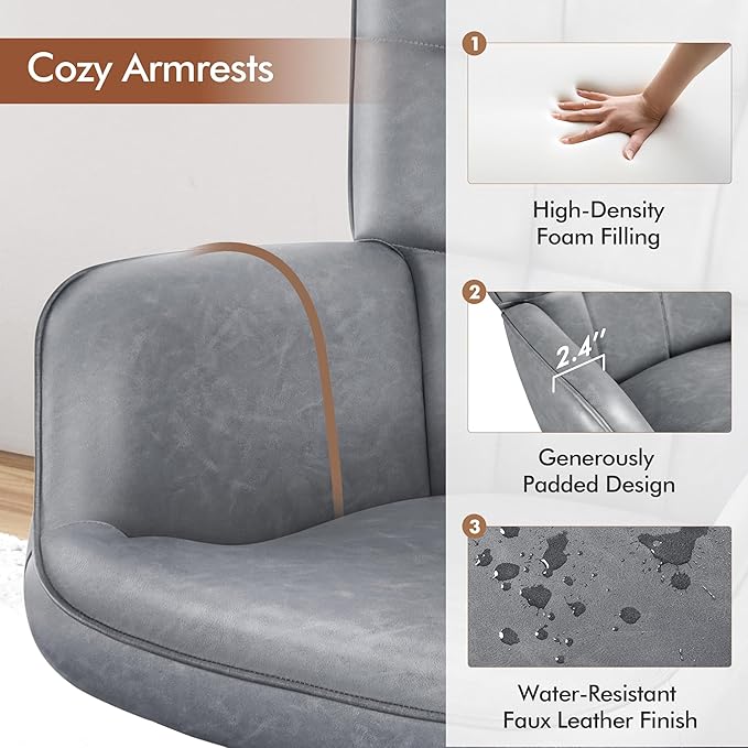Yaheetech Accent Chairs Large PU Leather High-Back Chair w/Metal Legs Pottery Barn Style Living Room Chairs for Bedroom/Home Office Gray
