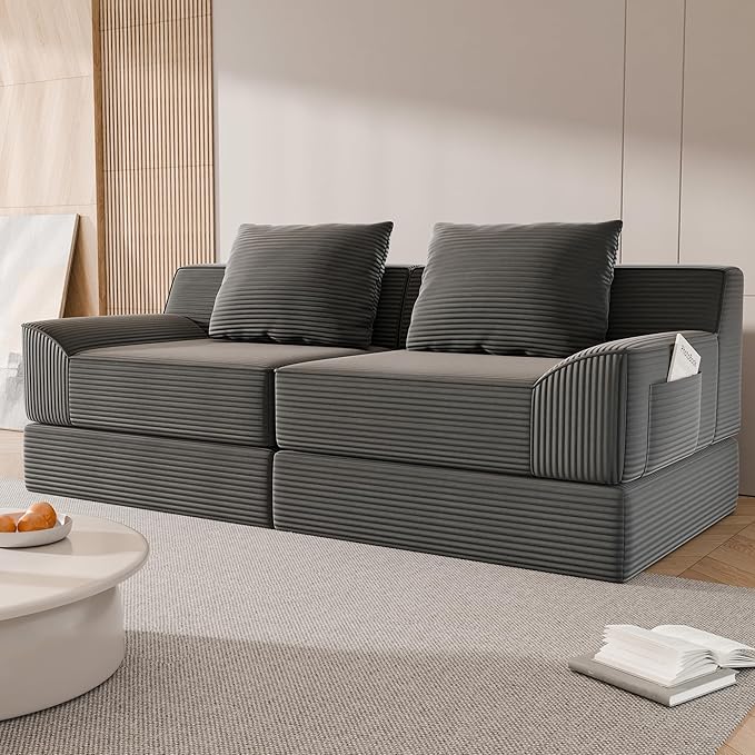 79 Convertible Sofa Bed Upholstered Boneless Couch Loveseat Sleeper with Pull Out Bed Corduroy Futon Couch Floor Folding Sofa Modular Futon Couch for Living Room Bedroom Lounge Grey