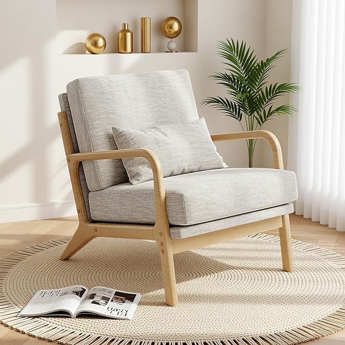 Claiks Mid-Century Modern Accent Chair Living Room Armchair with Solid Wood Frame &amp Lumbar Pillow Comfy Upholstered Lounge Chair for Bedroom Office Linen-Like Fabric Light Gray