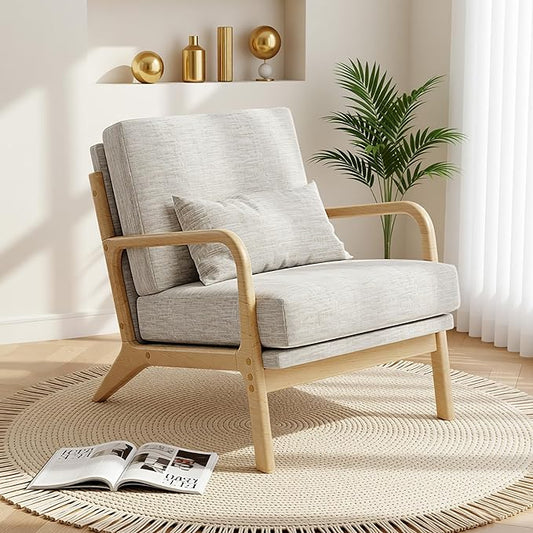 Claiks Mid-Century Modern Accent Chair Living Room Armchair with Solid Wood Frame &amp Lumbar Pillow Comfy Upholstered Lounge Chair for Bedroom Office Linen-Like Fabric Light Gray