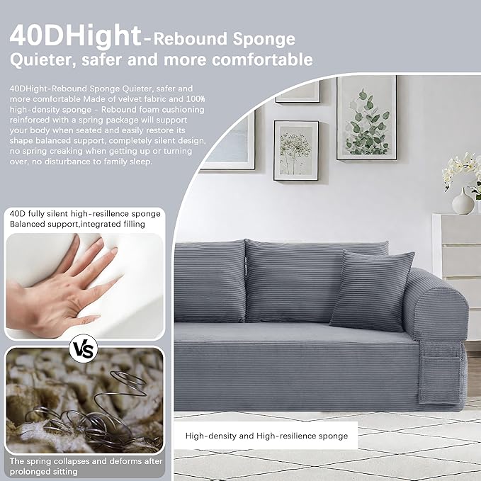 83 Modern Sofa in a Box No Assembly Oversized 3 Seater 28 Deep Seat Cloud Sofa Bed Couch with 4 Furry Pillows &amp Corduroy Fabric Boneless Couch with Side Storage Pockets for Living Room Dark G