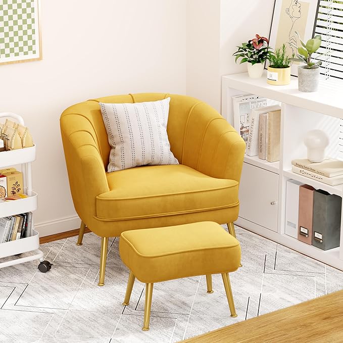 Velvet Accent Chairs with Ottoman for Living Room Bedroom Office Leisure Upholstered Single Sofa Chair Arm Chair Comfy Chair Reading Club Coffee Chair with Metal Legs Yellow