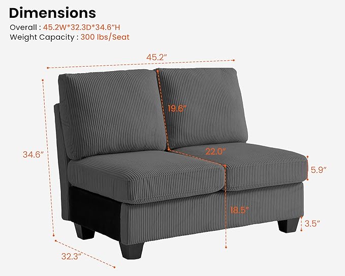 CHIC HOUSE Middle Module for Modular Couch Corduroy Customizable Chaise Storage Ottoman for Sectional Sofa Armrest Single/Double Seater