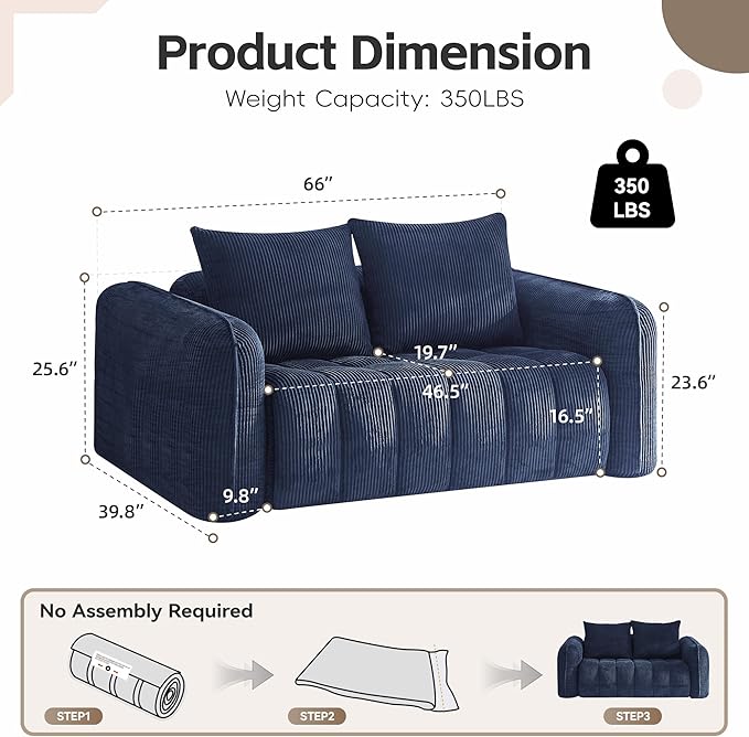 66 Loveseat Sofa Cloud Boneless Couch for Living Room Upholstered Compressed Sofa Deep Seat Corduroy Sofa with 2 Pillows &amp Armrests for Small Spaces for Bedroom Apartment Office Blue