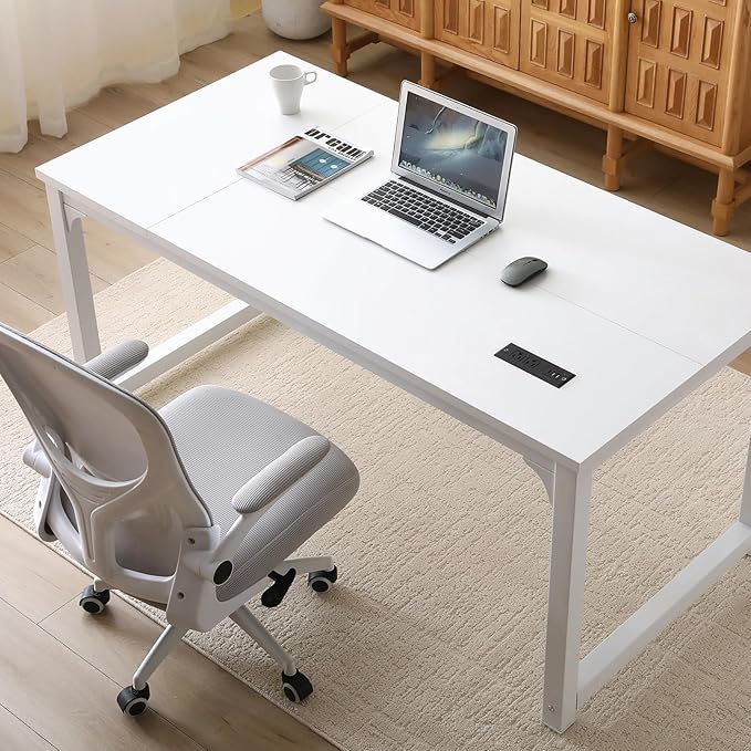 Large Computer Desk - 63 Inch Home Office Desks Study Student Writing Table Gaming Desk Wood Modern Simple Table with USB Ports White