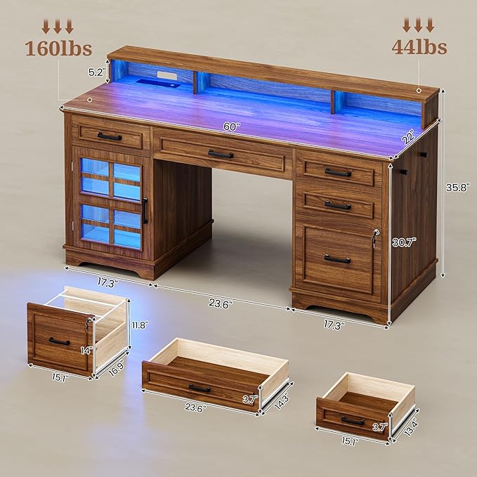 60'' Farmhouse Executive Desk with Drawers Home Office Desk with Power Outlet &amp LED Light Wood Computer Desk with Monitor Stand Locking File Drawer Glass Storage Cabinet Hooks