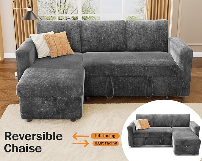 Vipbear 82 Sectional Sleeper Sofa with Pull Out Bed L Shaped Couch Sleeper Sofa Bed Pull Out Couch with Reclining Backrest Reversible Storage Chaise USB Ports Tool-Free Assembly Chenille Grey