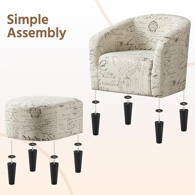 Yaheetech Modren Club Chair with Ottoman Fabric Accent Armchair with Footstool Upholstered Barrel Chair and Footrest for Living Room Bedroom Guestroom Letter Print