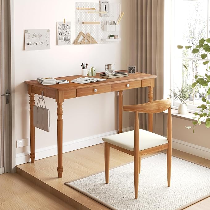 Mid Century Modern Desk 47 Vintage Solid Wood Desk with 2 Drawers Boho Writing Desk Computer Table for Home Office Bedroom Living Room