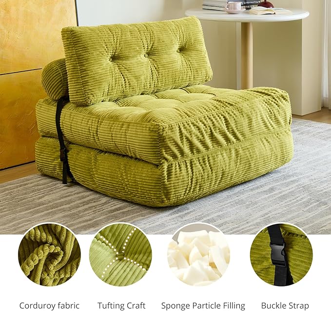 Folding Sofa Bed Convertible Sleeper Chair with Pillow Foldable Mattress with Back Support Portable Floor Sofa Lounge for Living Room Bedroom Dorm(Green Single)