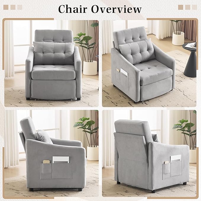 Bezseller Convertible Sofa Bed Chair 3-in-1 Sleeper Chair with Storage Drawer Pull Out Couch with Side Pocket Pillow and Adjustable Backrest for Small Spaces Living Room Light Grey