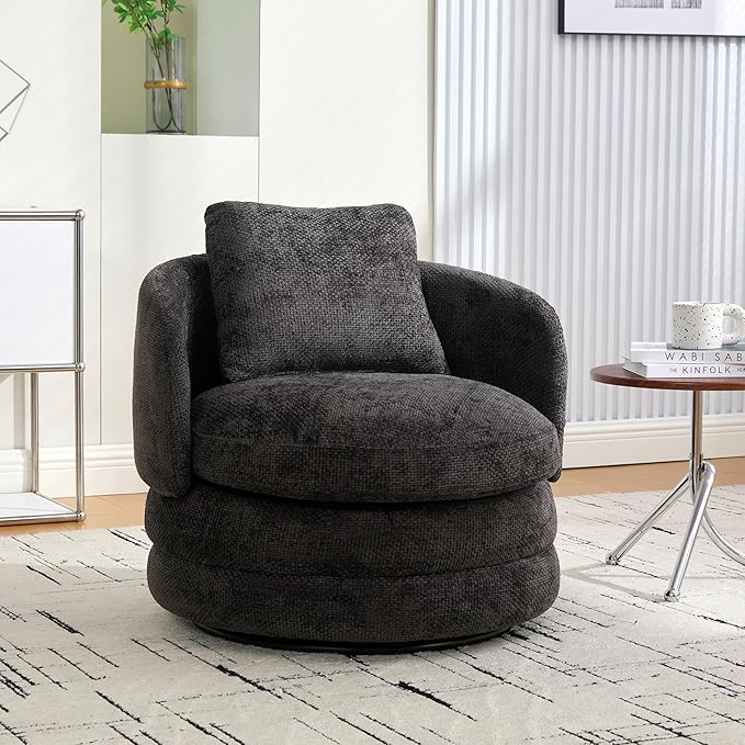 30 Modern Round Chenille Barrel Accent Chair 360° Swivel Ergonomic Comfy Upholstered with Pillow for Living Room Bedroom Reading Room Balcony Lounge Dark Gray