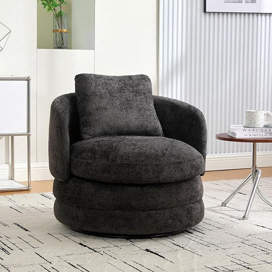 30 Modern Round Chenille Barrel Accent Chair 360° Swivel Ergonomic Comfy Upholstered with Pillow for Living Room Bedroom Reading Room Balcony Lounge Dark Gray