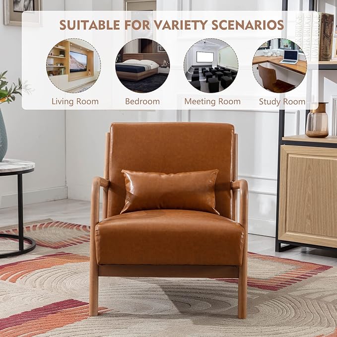ANJ Mid Century Modern Accent Chair PU Leather Reading Chair with Solid Wood Frame Easy Assembly Armchair for Living Room
