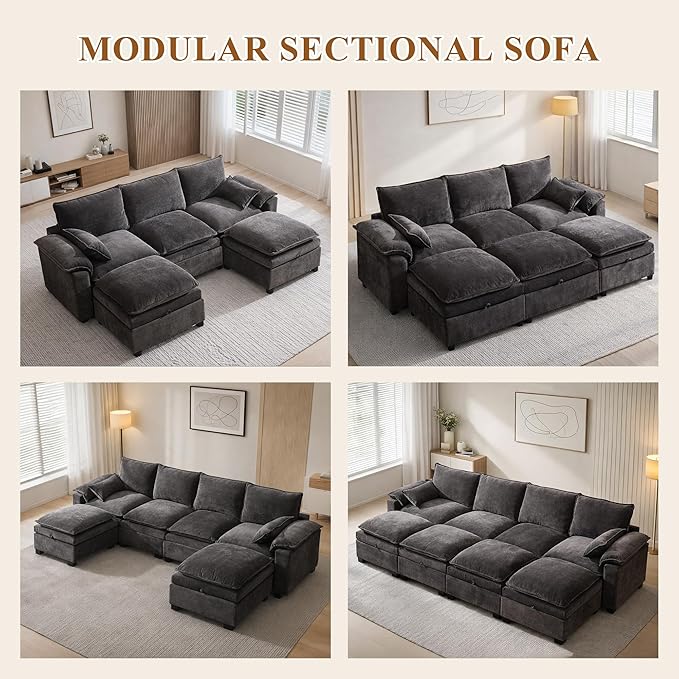 108 Sectional Couches for Living Room U Shaped Cloud Couch Sectional with Ottoman Storage Modular Sectional Sofa with Pillow Deep Seater Sofa for Living Room (Gray Loveseat with Ottoman)