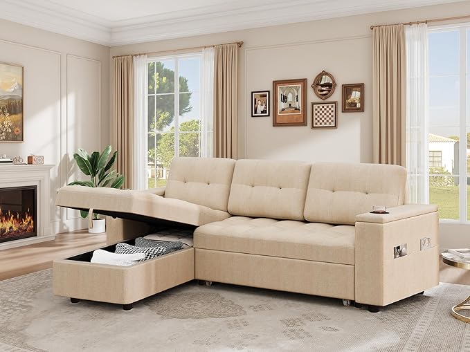 YITAHOME Sleeper Sofa L-Shaped Sofa Couch Bed with Storage Chaise &amp USB Reversible Sleeper with Pull Out Bed 4-Seat Fabric Convertible Sofa 2-in-1 Pull Out for Living Room Beige