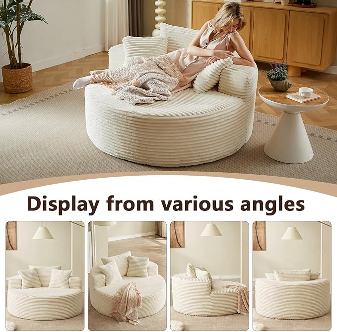 55''Oversized Round Chair Lounge Chaise IndoorCloud Boneless Large Circle Chair with Plush CorduroyNo Assembly RequiredFluffy Modern Sleeper Sofa Bed for ReadingLiving Room(BeigeFabric Upgrade)