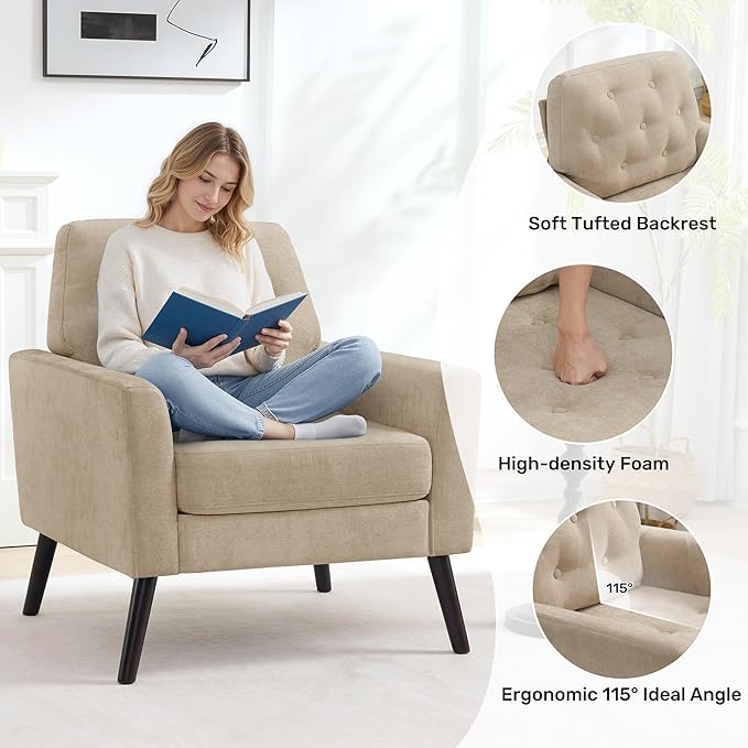 Accent Chair for Living Room Mid Century Modern Reading Chair Upholstered Armchair with Tufted Back &amp Wood Legs Single Sofa Side Chair for Bedroom Small Room Office Apartment Light Brown