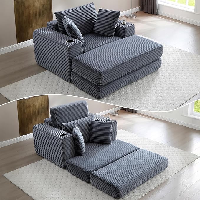HANXIN 62 Chaise Lounge Chair Indoor Oversized Corduroy Boneless Convertible Chaise Lounge Couch Sleeper Chair with Ottoman Deep Seat Reading Chair No Assembly Required (Grey)