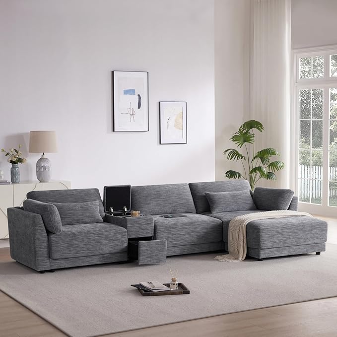 Merax Modern Oversized L-Shaped Sectional Sofa with Ottoman USB Charging Port &amp Storgae Drawers Chenille Reversible Couch Set with 4 Pillows for Living Room Easy Assemble Gray