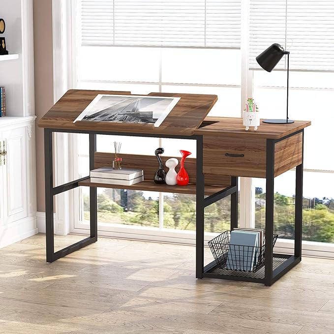 Tribesigns Drafting Table with Storage Drawers Drawing Computer Desk Artist Craft Table Painting Desk Workstation with Shelves and Tiltable Tabletop for Students Home Office