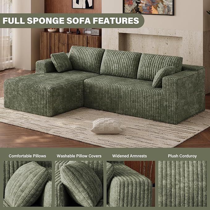103 L Shaped Boneless Sectional Couches for Living Room Comfy Sectional Couches Deep Seat Modular Sofa Cloud Fluffy Couch with Left Facing Chaise No Assembly Needed Olive Green