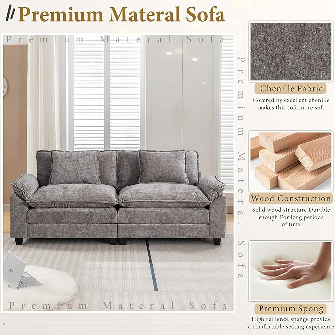 URRED Modular Sectional Sofa Comfy Cloud Couch Modern Chenille Sofa Sleeper Deep Seat Couches with Ottoman/Pillows for Living Room (Gray 82.6'')