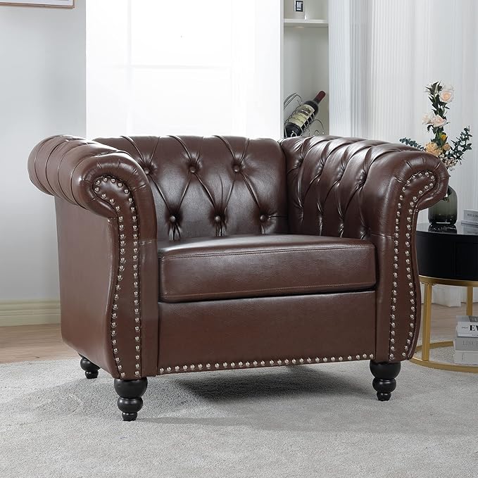 Leather Chesterfield Chair Single Sofa Chair with Nailhead &amp Rolled Arm with Extra Deep Seats Mid Century Modern Tufted Faux Leather Couch for Living RoomBedroomReading Room