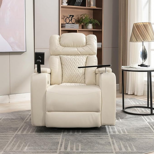 270 Degree Swivel PU Leather Power Recliner Individual Seat Home Theater Recliner with Comforable Backrest Tray Table Phone Holder Cup Holder USB Port Hidden Arm Storage for Living Room White