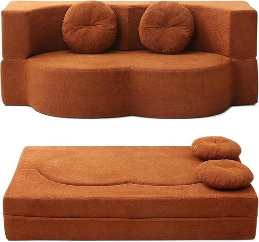 2-In-1 Futon Sofa Bed Foldable Couch with 2 Pillows Convertible Foldable Sofa Bed Folding Sofas Beds for Living Room Guest Room Apartment Office Lazy Sleeper Comfy No Assembly (Orange)