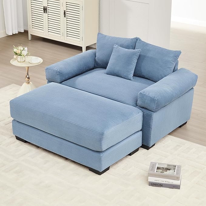 ERYE Modern Corduroy Upholstered Accent Chair and Ottoman Set Oversized Wider Seat Armchair Leisure Comfy Lounge Chaise with Removable CushionArmrests and 3 Pillows