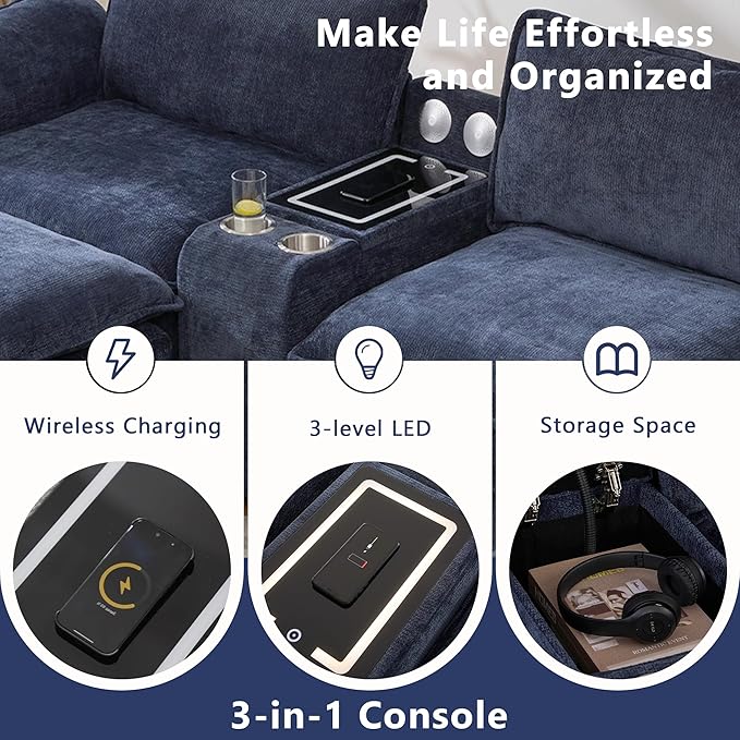 124'' Modular Sectional Sofa U-Shaped Chenille Cloud Couch with Storage 2 Ottomans Wireless Charging Loudspeaker Light 2 Cup Holders Double Chaise Couches for Living Room Office Blue
